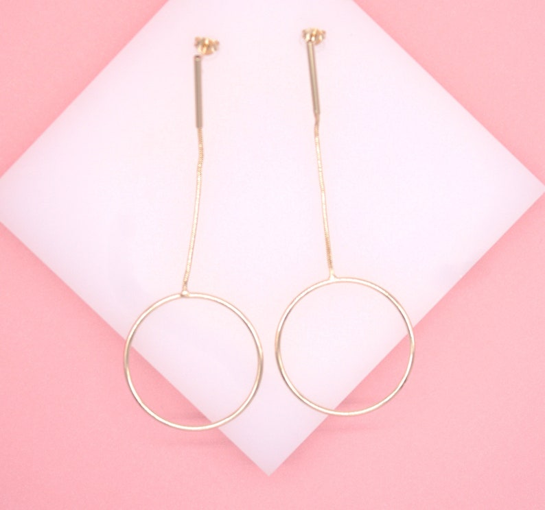 18K Gold Filled Round Long Dangle Earrings (K159)